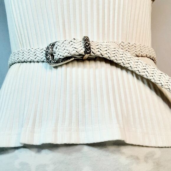 Talbots Southwestern Powder White Braided Genuine Leather Skinny Belt Lg Waist - Picture 2 of 11